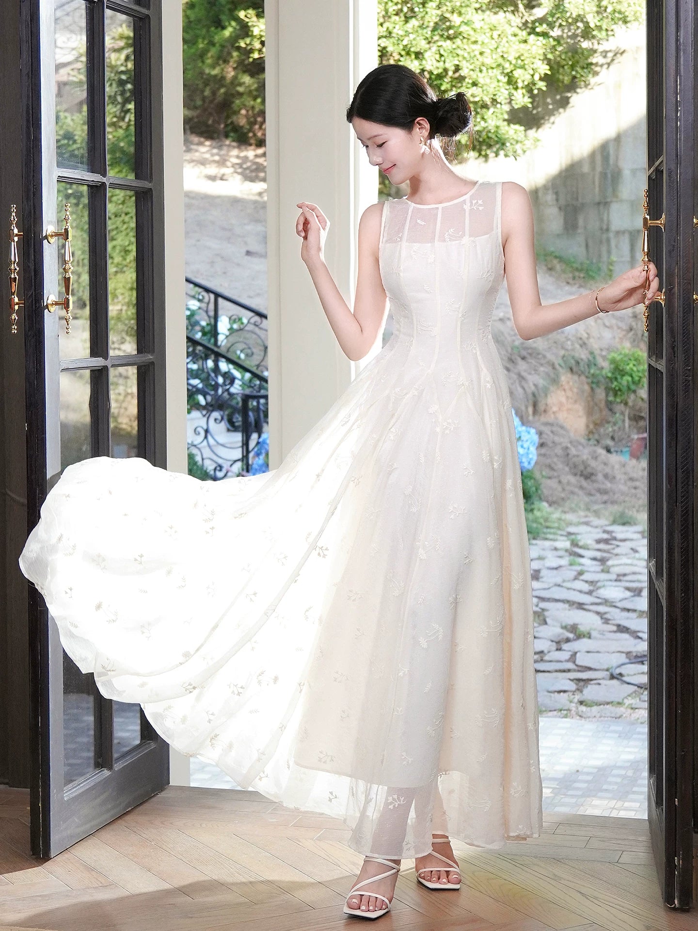 Französischer Stil Casual A-Linie Rundhals Elfenbein Spitze Knöchellang Satin Ideen Für Frauen 21. Geburtstag Eindrucksvolles Kleid Abend Nacht Outfits MP135