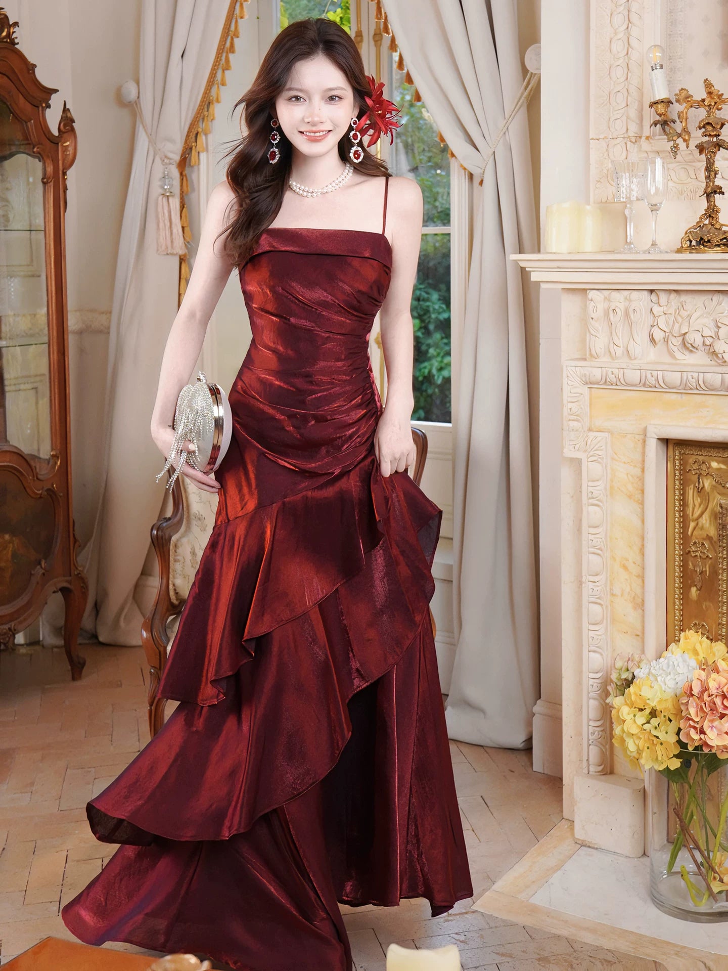 Sexy Mermaid Spaghetti Strap Burgundy Wine Red Ideas For Women 21st Impress Birthday Dress Evening Night Outfit MP114