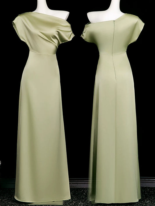 Simple A line Halter Olive Green Satin Floor Length Spring Summer Bridesmaid Dresses MP164