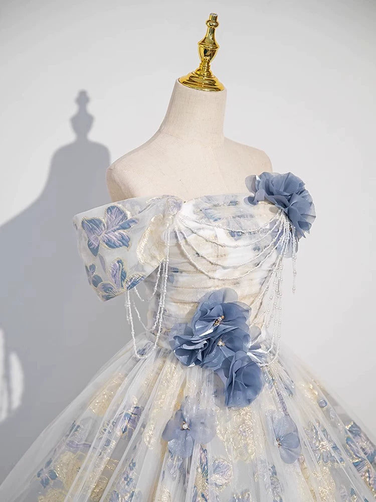 Cute Long Tiered Quinceañera Dresses Ball Gown Off The Shoulder Blue With Short Sleeves Floral Quince Dress MP152
