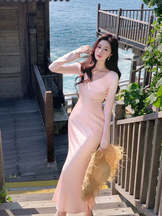 Einfaches rosa Meerjungfrauenkleid mit V-Ausschnitt und langen Ärmeln Ideen für Frauen 18. Geburtstag beeindrucken Sommer Strand Abschlussball Abendkleider Outfit MP278