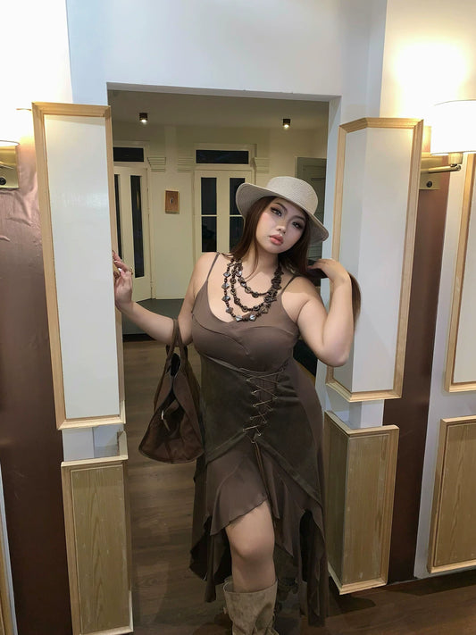Plus-size sexy irregular spaghetti strap dress waist-cinching and slimming sleeveless long holiday dress MP083