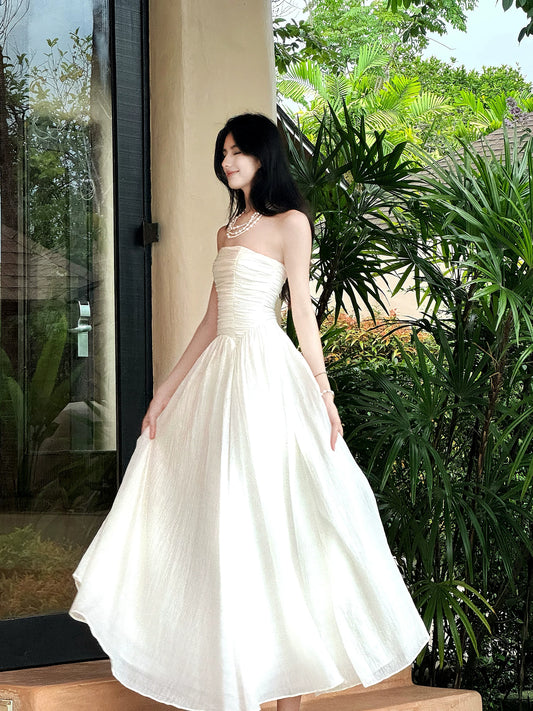 Simple A line Strapless White Mid Length 18th Birthday Gown For Women Party Dresses Holiday Beach Outfits MP226