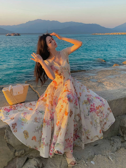 Französischer Stil A-Linie V-Ausschnitt Blumen Chiffon Ideen Für Damen 18. Beeindrucken Sommer Strand Abschlussball Geburtstagskleider Abendnacht Outfit MP274