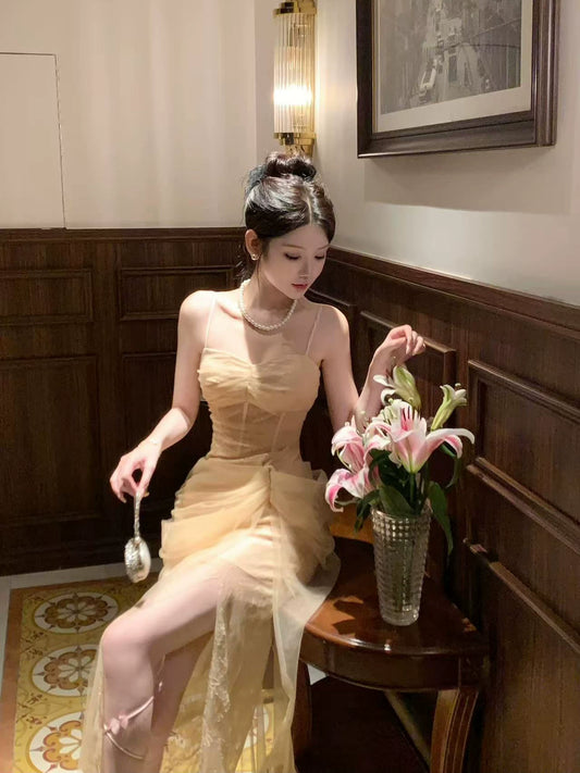 Elegant Mermaid Spaghetti Strap Gold Tulle 18th Birthday Gown For Women Party Dresses Holiday Beach Outfits MP223