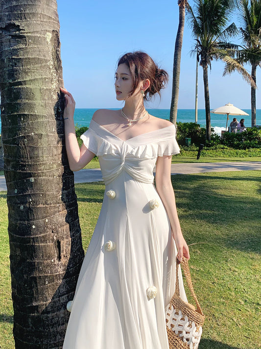 Schlichtes A-Linien-Off-Shoulder-Kleid in Weiß mit kurzen Ärmeln Ideen für Damen zum 18. Geburtstag, um den Sommer am Strand, den Abschlussball, Geburtstagsfeiern, Abendveranstaltungen und Ausgeh-Outfits zu beeindrucken MP279