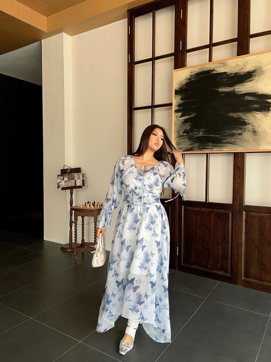 French-style V-neck blue floral long-sleeved dress for women plus size retro youthful waist-cinching slimming long holiday dress MP082