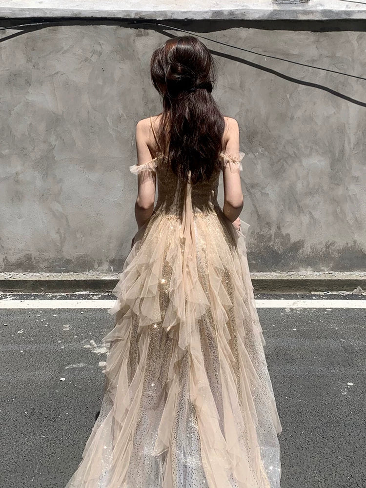 Elegant Ball Gown Spaghetti Strap Champagne Full Length Sequin Long Evening Gown Wedding Banquets Night Dresses MP160