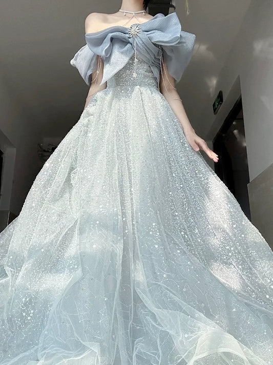 Elegantes A-Linien trägerloses staubblaues, bodenlanges ärmelloses Abendkleid für Hochzeitsbankette und Ausgeh-Outfits MP149