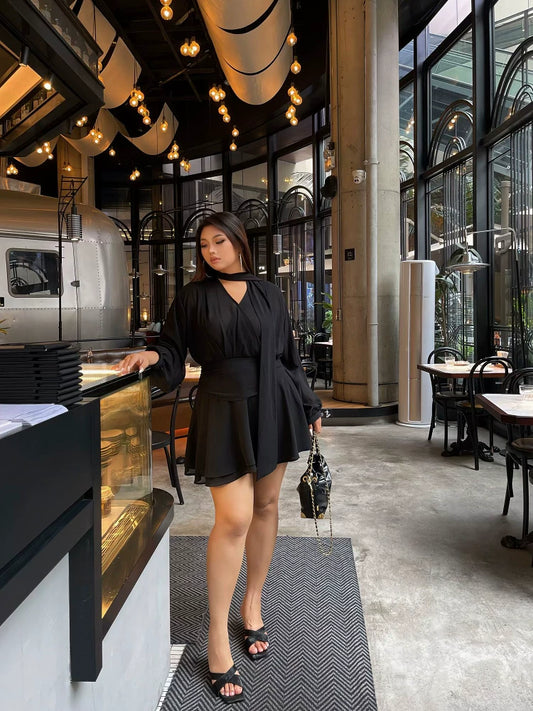 Black V-neck long-sleeved shirt dress for women plus size sexy waist-cinching slimming short holiday dress mp087