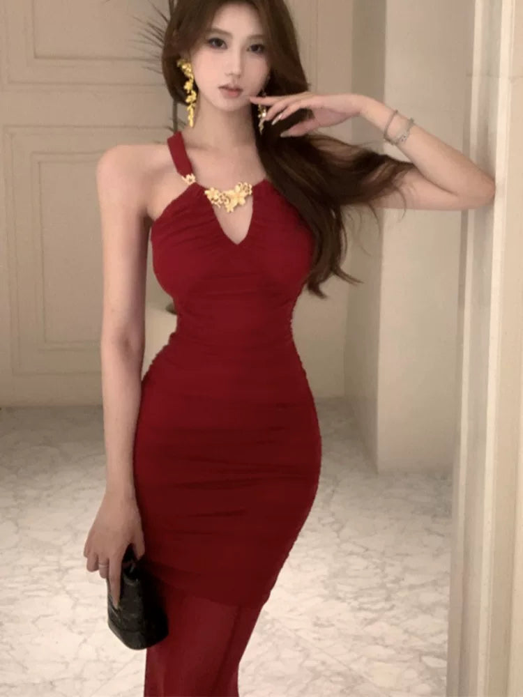 Simple Mermaid Jewel Neck Red Wedding Guest Dresses For Women Spring Party Dresses Night Evening Outfits MP179