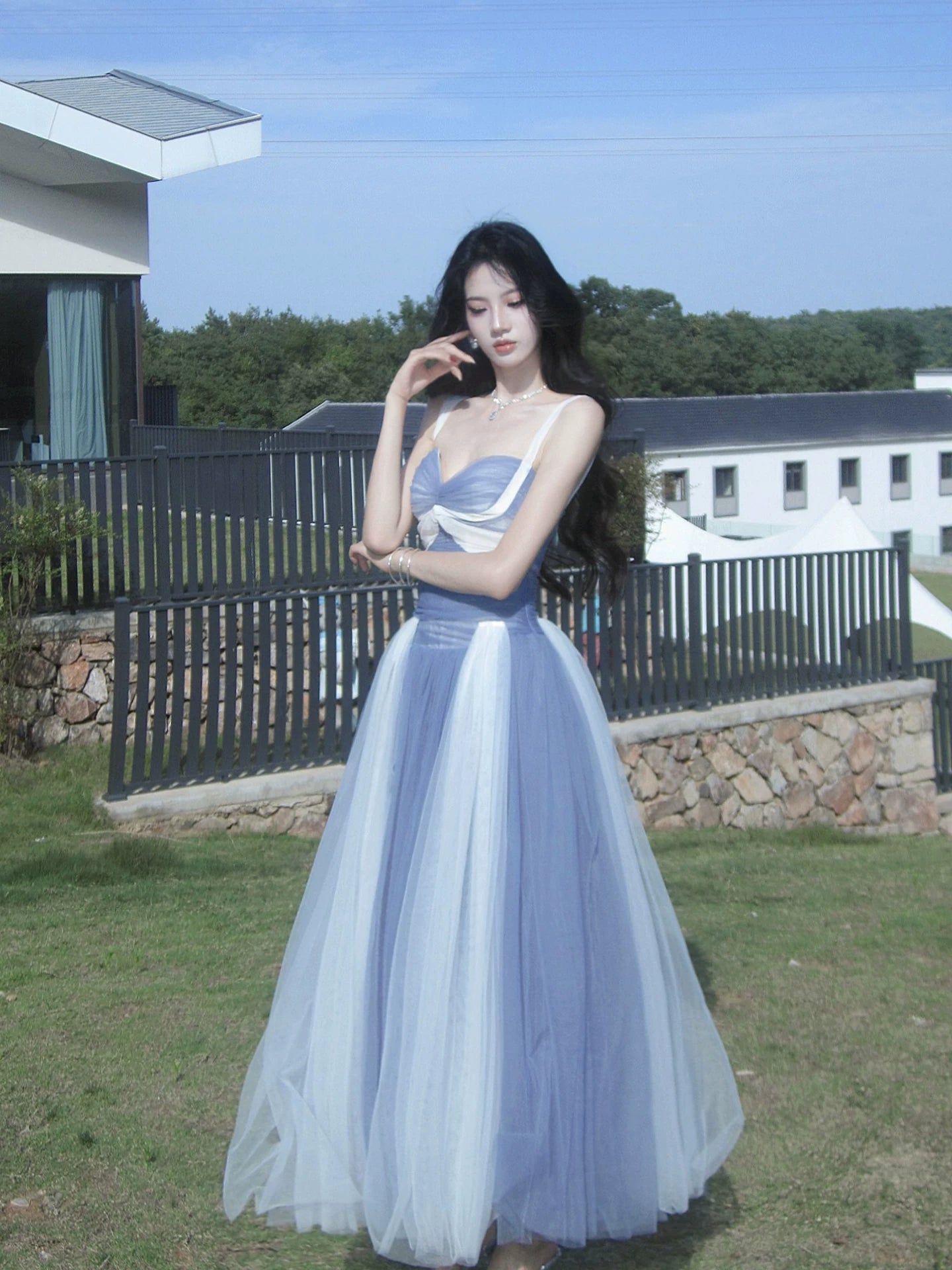 Modest A line French Style Strap White Ombre Blue Ideas For Women 18th Impress Birthday Dress Evening Night Outfit MP141