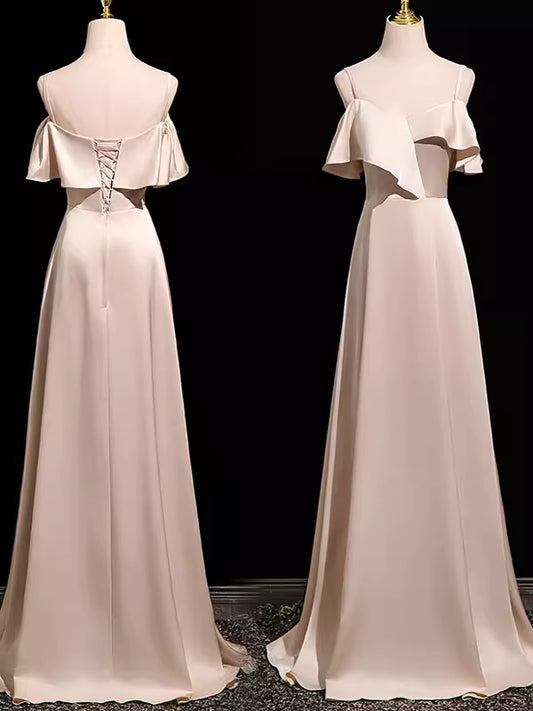 Simple A line Blush Pink Satin Floor Length Spring Summer Bridesmaid Dresses MP163