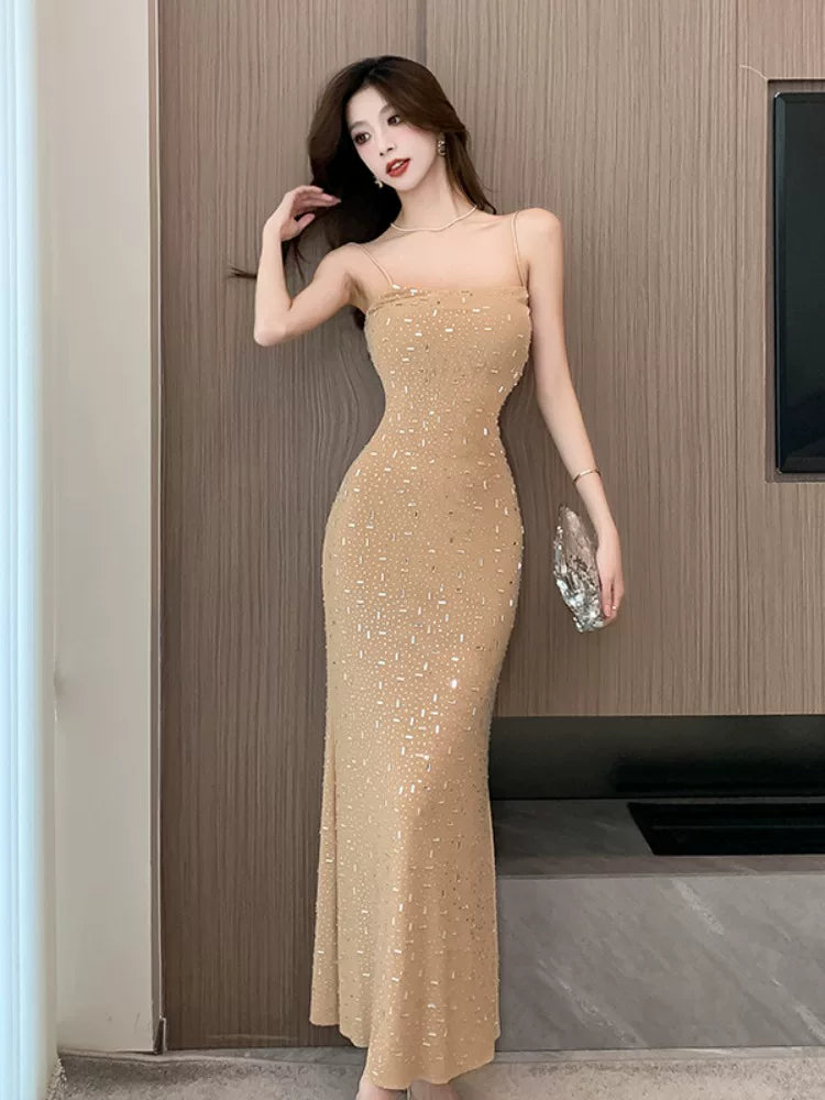 Sexy Mermaid Spaghetti Strap Champagne Sequin Prom Gown For Women Party Dresses Long Night Birthday Evening Outfits MP192