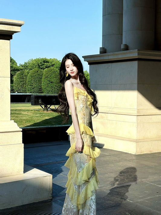 Elegant Mermaid Spaghetti Strap Yellow Lace 18th Birthday Gown For Women Party Dresses Holiday Beach Outfits MP219