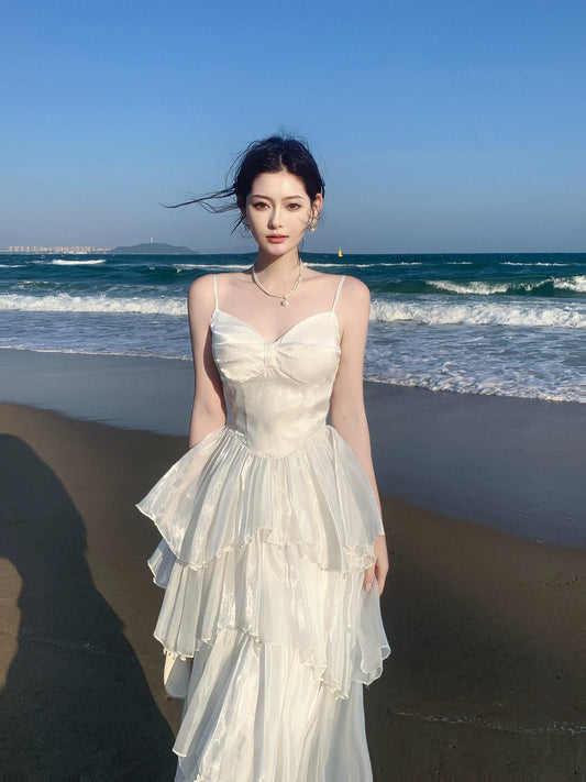 Französische Stil A-Linie Spaghettiträger Weiß Ideen für Frauen 21. Geburtstag Beeindrucken Sommer Strand Abschlussball Geburtstagskleid Abend Nacht Outfit MP267