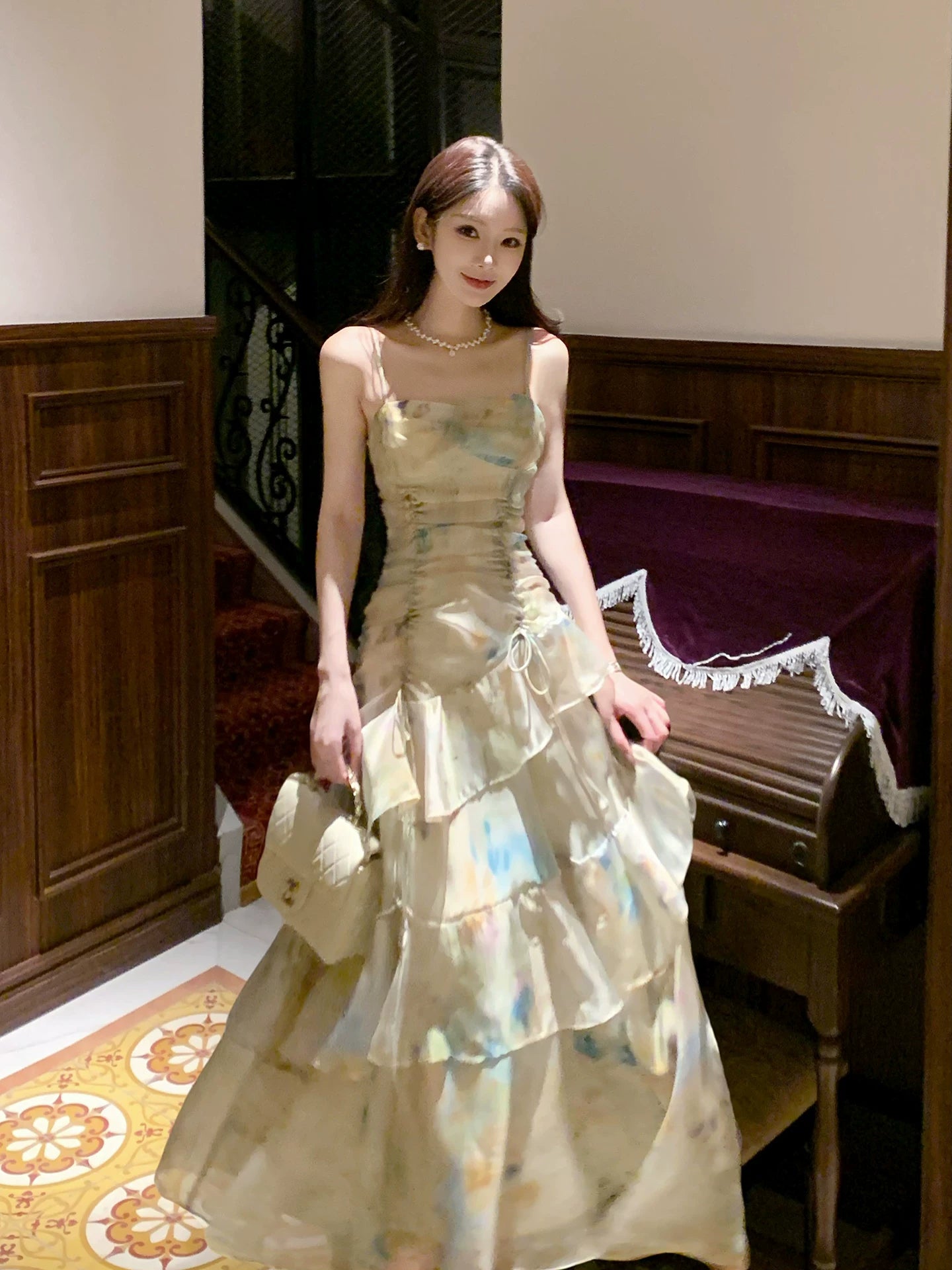 Robe de soirée sirène vintage en mousseline de soie verte à bretelles spaghetti et imprimé floral pour femme, robe de fête d'anniversaire pour ses 18 ans, tenues de plage pour les vacances MP208