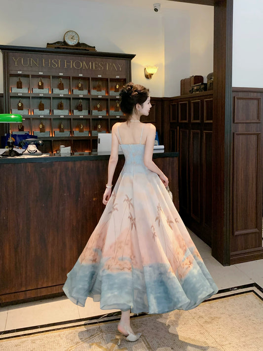 Niedliches A-Linien-Kleid im französischen Stil mit Spaghettiträgern und Blumenmuster in Blau – Ideen für Frauen – Beeindruckendes Outfit für den 18. Geburtstag und Abendgarderobe MP146