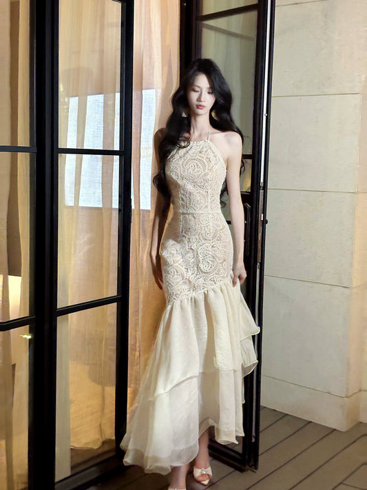 Elegant Mermaid Spaghetti Strap Champagne Lace 18th Birthday Gown For Women Party Dresses Holiday Beach Outfits MP220
