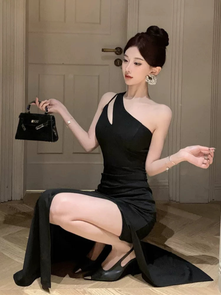 Simple Mermaid One Shoulder Satin Black With Slit Birthday Gown For Women Party Dresses Holiday Beach Outfits MP202