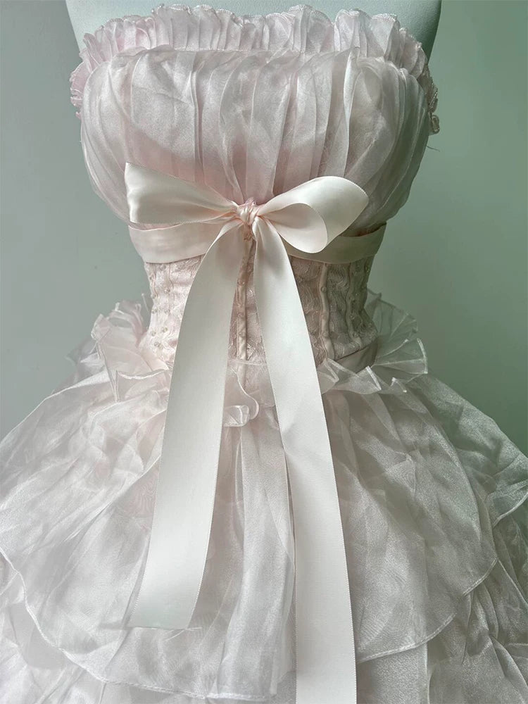 Cute Long Tiered Quinceañera Dresses Ball Gown Strapless Pearl Pink Long Sweet 16 Gown Quince Dress MP153