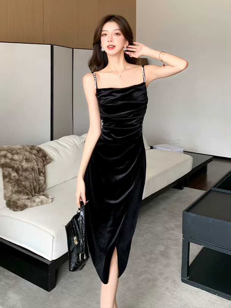 Sexy Scheide Spaghettiträger Schwarzes Samt Teelänge Geburtstagskleid Für Damen Partykleider Urlaubsstrand-Outfits MP184