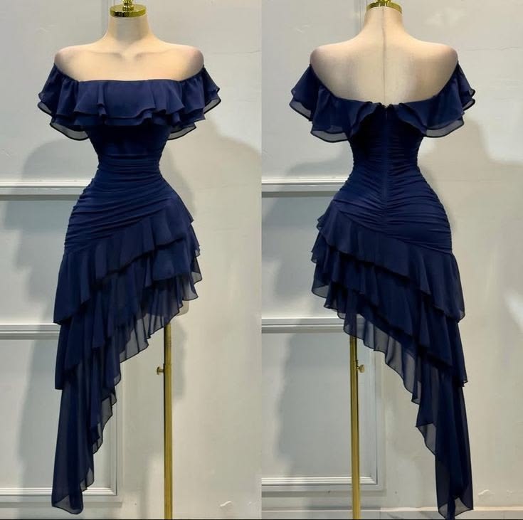 Classy Sheath Off The Shoulder Navy Blue With Pleated Chiffon Evening Formal Prom Dresses MP864