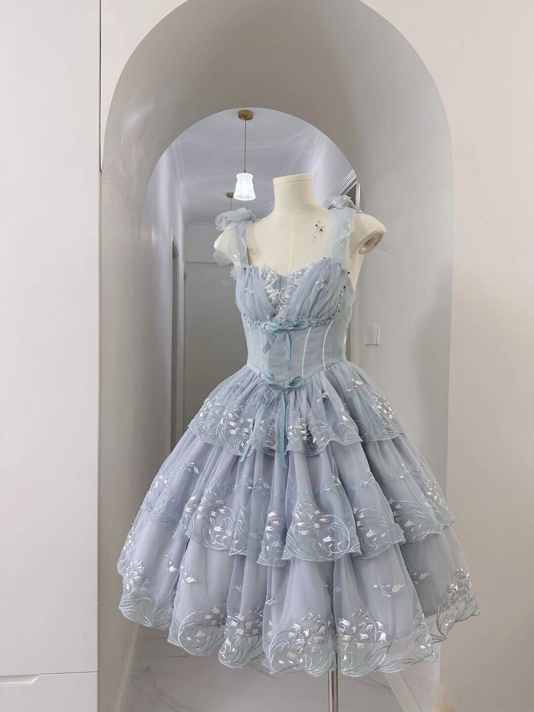 Einfaches Ballkleid Staubblau Tüll Spitze Kurz Mini 15 16 Geburtstag Outfits Abschlussballkleid MP748