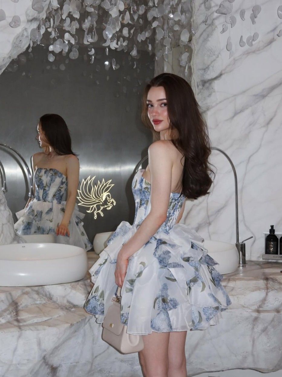 Robe de bal bustier bleue florale courte pour 17ème anniversaire, robes de bal de promo MP938