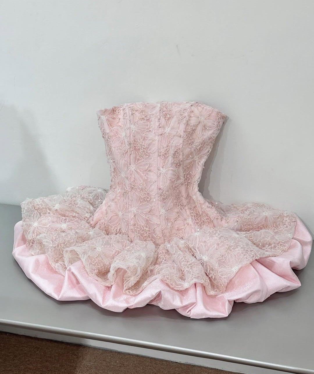 Cute Ball Gown Strapless Pink With Lace Satin Short Mini 15 16 Birthday Outfits Homecoming Dress MP757