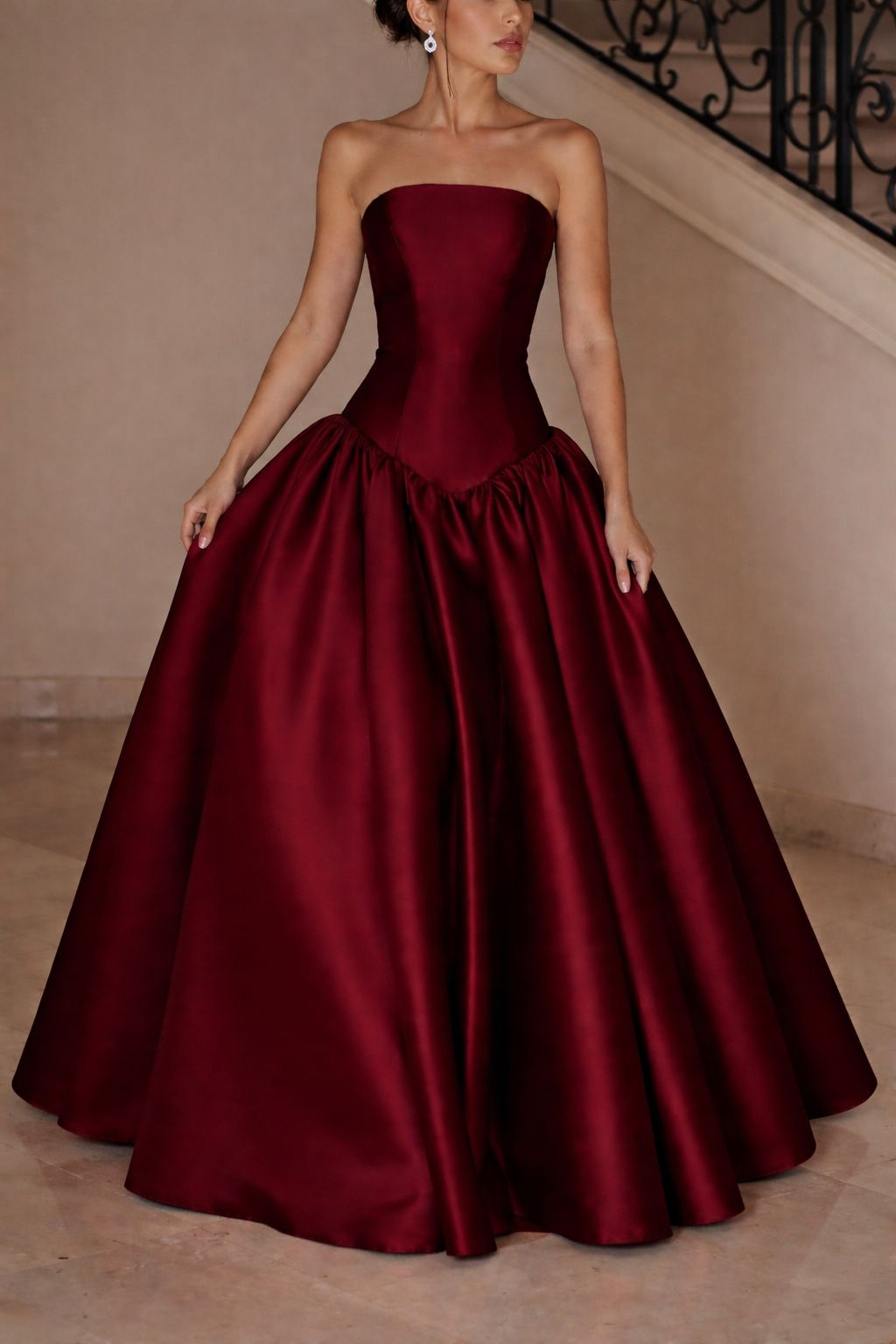 Modest Ball Gown Strapless Burgundy With Drop Waist Prom Dresses Formal Dress Graduation Gown MP521