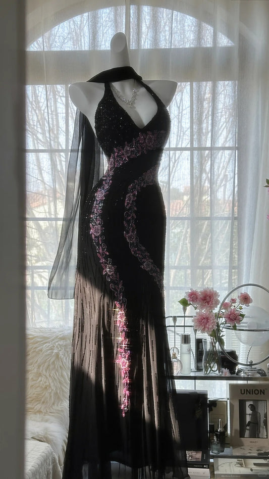 Modest Mermaid Halter Black Tie Pink With Crystals Chiffon Beaded Evening Night Gown Sleeveless Prom Dresses MP1012