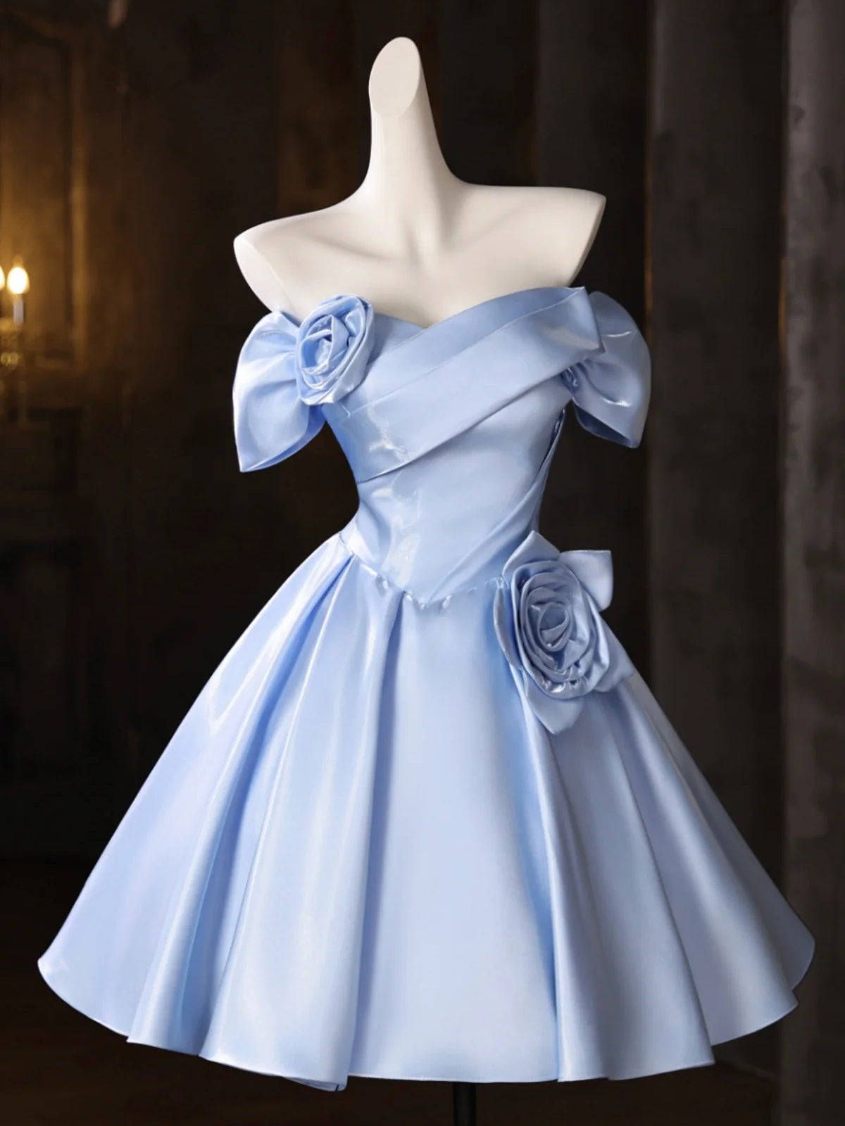 Prinzessin Ballkleid schulterfrei blau Satin kurzes Heimkehrkleid 15. Geburtstagsoutfits MP775