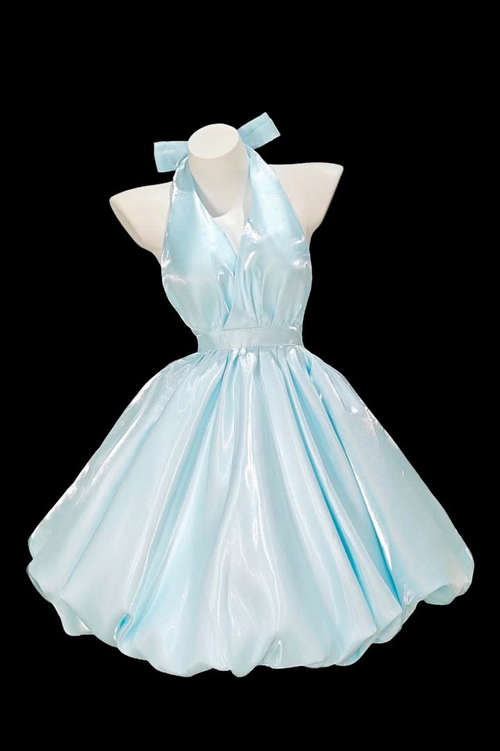 Hübsches Ballkleid Neckholder Blau Organza Kurz Mini 18. Geburtstag Outfits Heimkehrkleid MP779