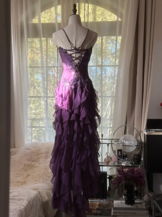 Beautiful A line Strapless Grape Chiffon With Appliqued Lace Sleeveless Formal Gown Prom Dresses MP1132