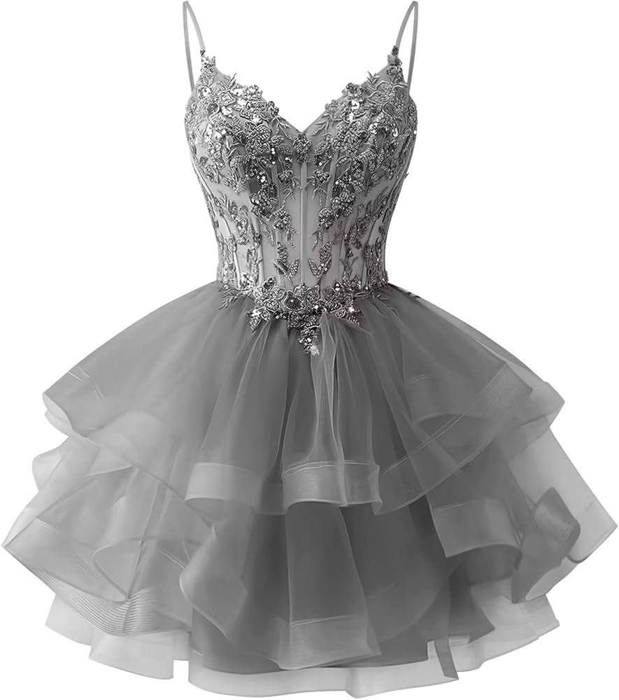 Süßes Ballkleid Spaghettiträger Grau Kurz 16. Geburtstag Outfits Heimkehrkleider MP898