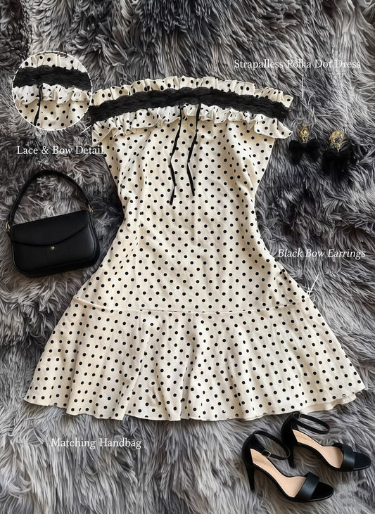 Beautiful A line Strapless White Black Polka Dots Hoco Dress Inspo Homecoming Classy Party Outfits MP424