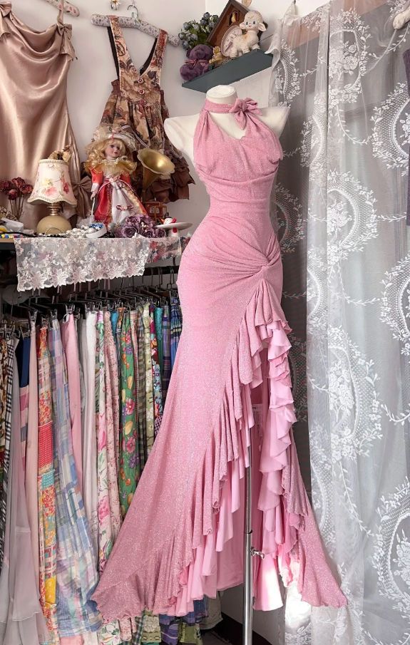 Robe de bal longue sans manches à licou rose sirène étincelante et pailletée pour femme, robes de soirée MP532