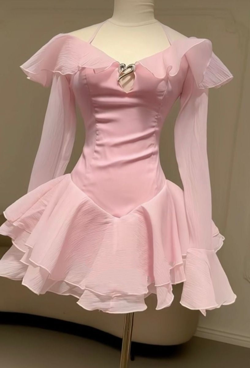 Cute A Line Halter Chiffon Long Sleeves Pink Short 17th Birthday Outfits Homecoming Dresses MP902