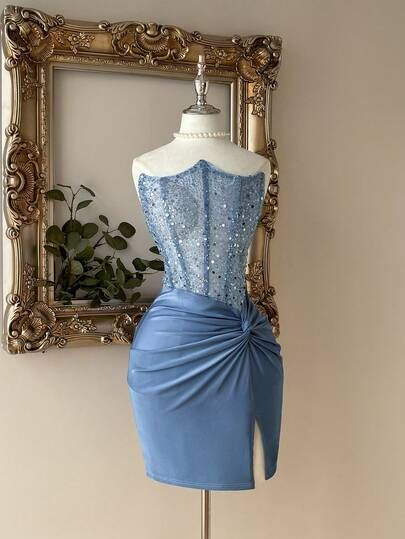 Jolie Robe Courte de Bal ou de Soirée sans Bretelles Fourreau Fendue Bleue avec Perles pour Anniversaire 15 Ans MP928