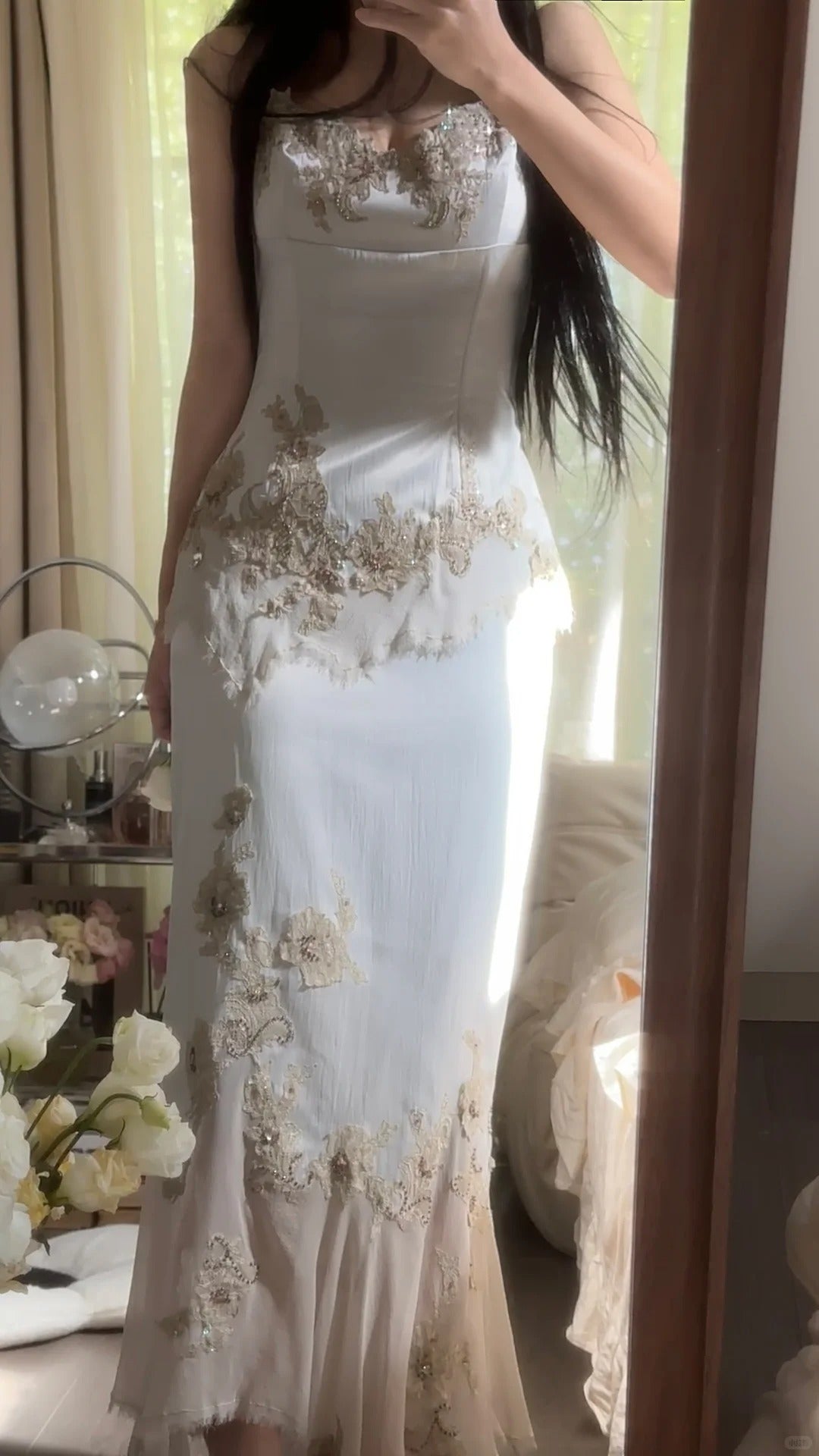 Bescheidenes Meerjungfrauen-Abendkleid aus weißem, ärmellosem Chiffon mit Spaghettiträgern, langem, formellem Ballkleid MP1059