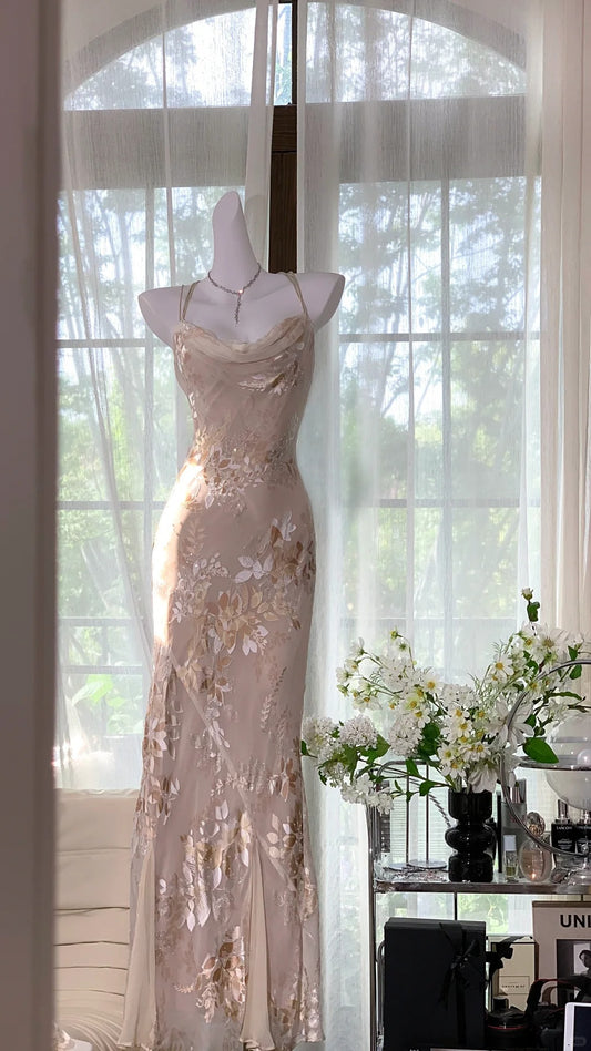Classy Mermaid Spaghetti Strap Champagne With Floral Sleeveless Long Prom Dresses MP962