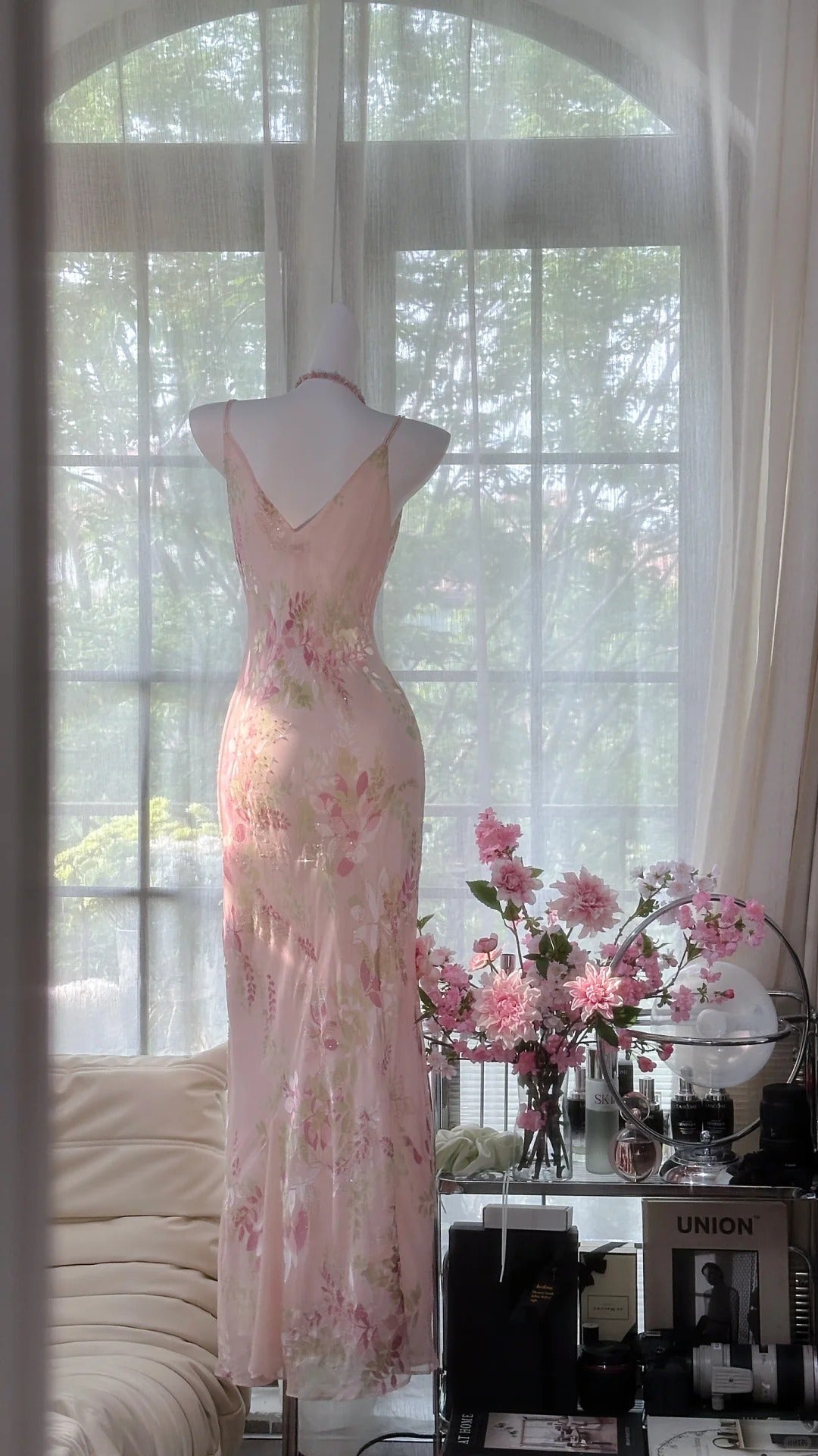 Robe de soirée sirène vintage en mousseline florale rose à fines bretelles et ourlet irrégulier, sans manches, pour bal de promo MP987