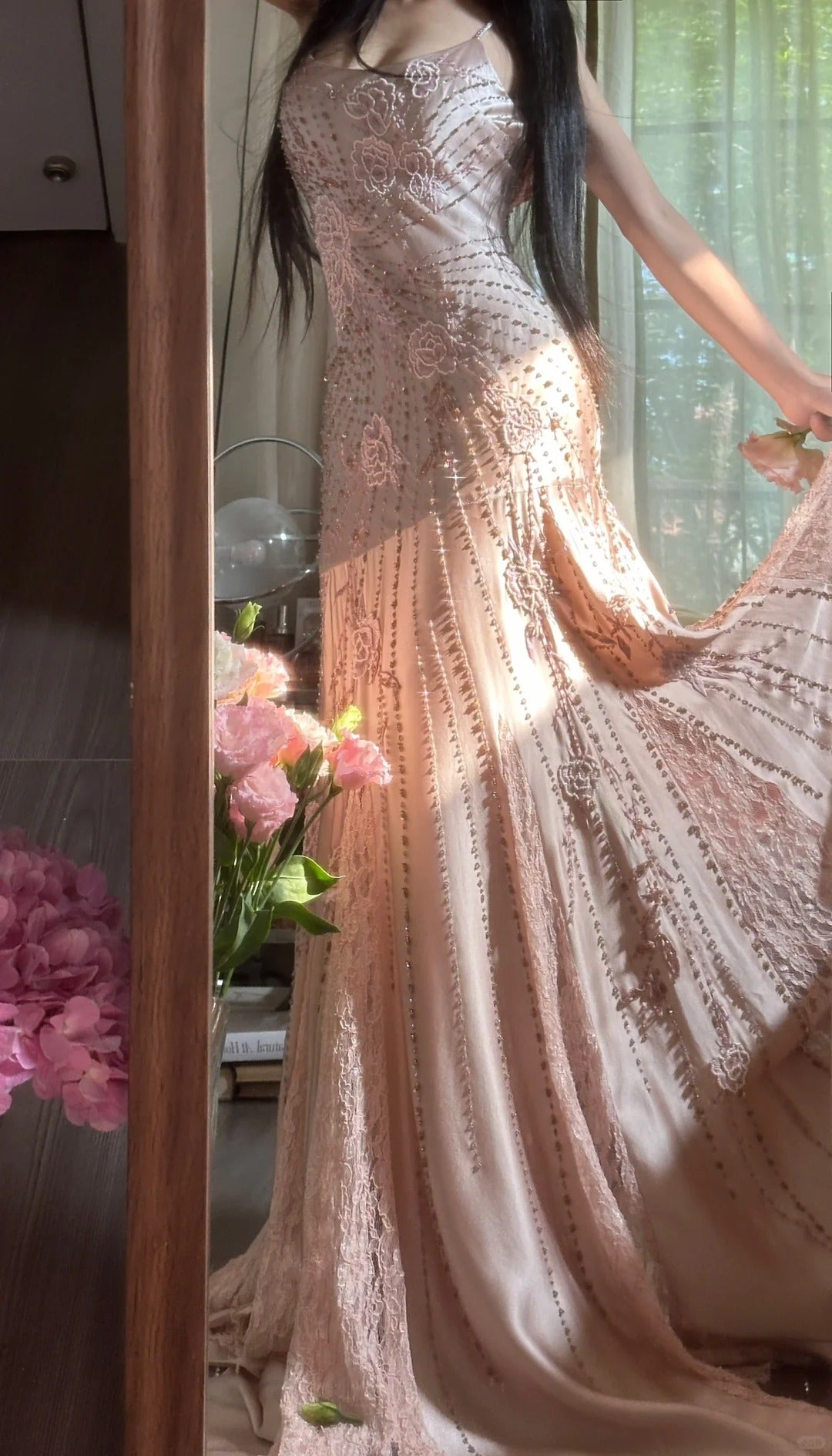 Bescheidene Meerjungfrau Spaghettiträger Rosa Chiffon Bodenlanges Ärmelloses Abendkleid Ballkleid MP1063