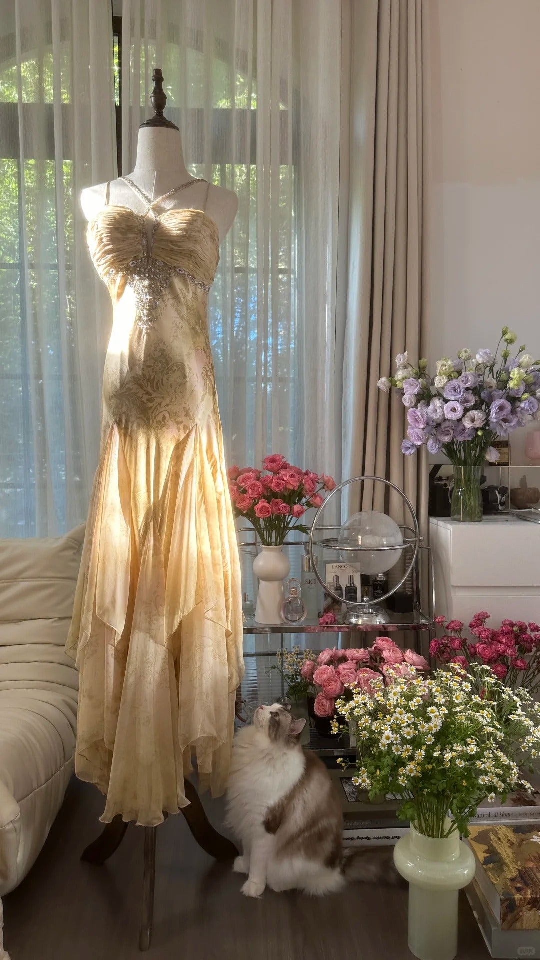 Vintage Mermaid Spaghetti Strap Chiffon With Beaded Gold Formal Gown Long Evening Night Prom Dresses MP1066