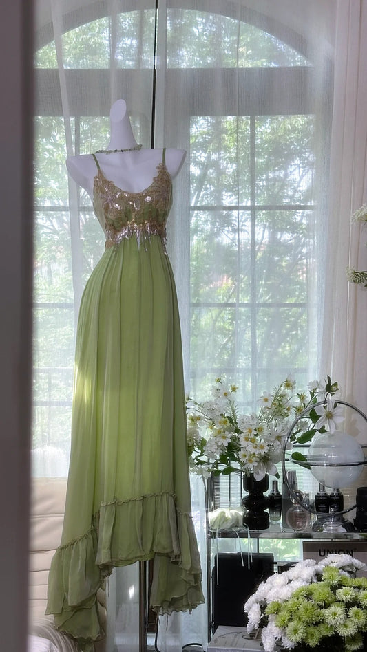 Classy Mermaid Spaghetti Strap Chiffon Green With Lace Sleeveless Long Prom Dresses MP965