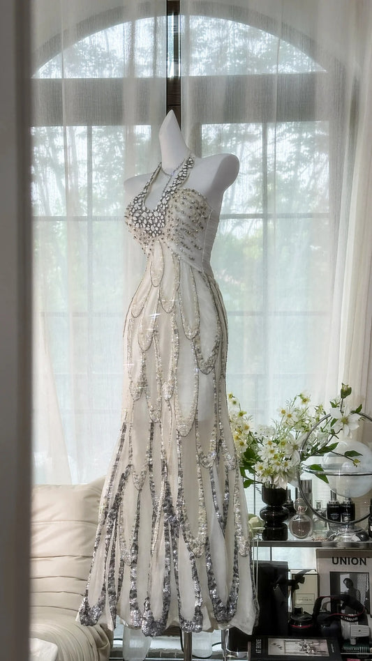 Classy Mermaid Halter White Sequin With Beaded Sleeveless Floor Length Prom Dresses MP963
