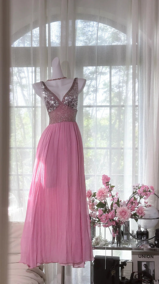 Classy A line V Neck Pink Chiffon Green Long Evening Night Gown Sleeveless Prom Dresses MP972