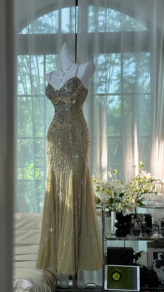 Classy Mermaid Spaghetti Strap Champagne With Beading Sleeveless Long Length Prom Dresses MP961