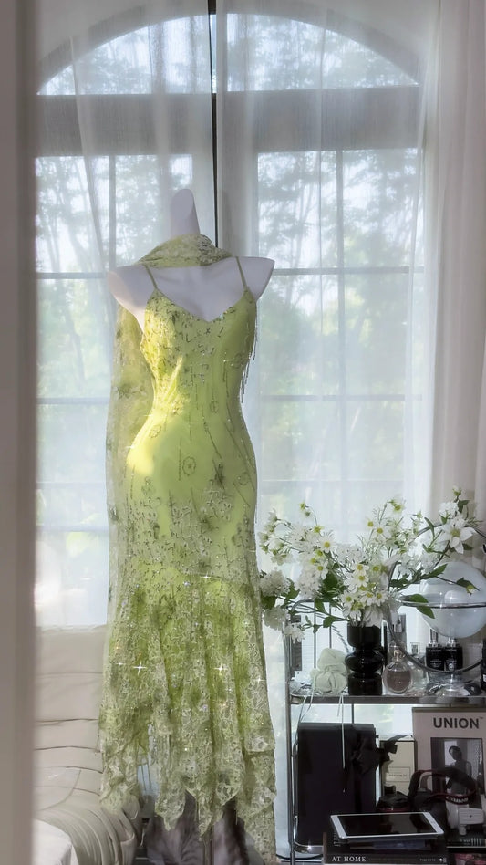 Classy Mermaid Spaghetti Strap Chiffon Green With Scarf Sleeveless Prom Dresses MP966